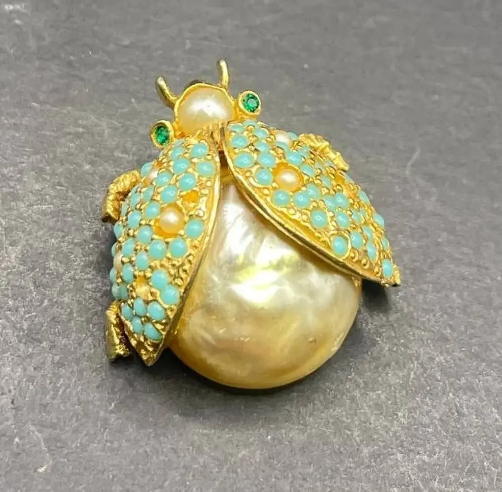 Vintage Gold Tone Ladybug Brooch Pin Turquoise Faux Pearl Beetle Insect Jewelry